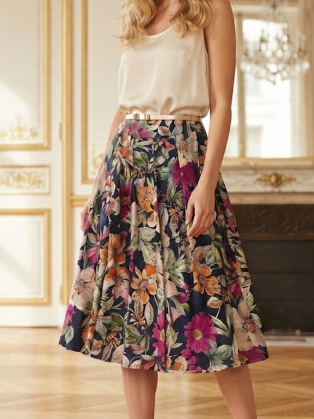 Karl Lagerfeld Navy Floral Midi Skirt with Pink & Cream Blooms